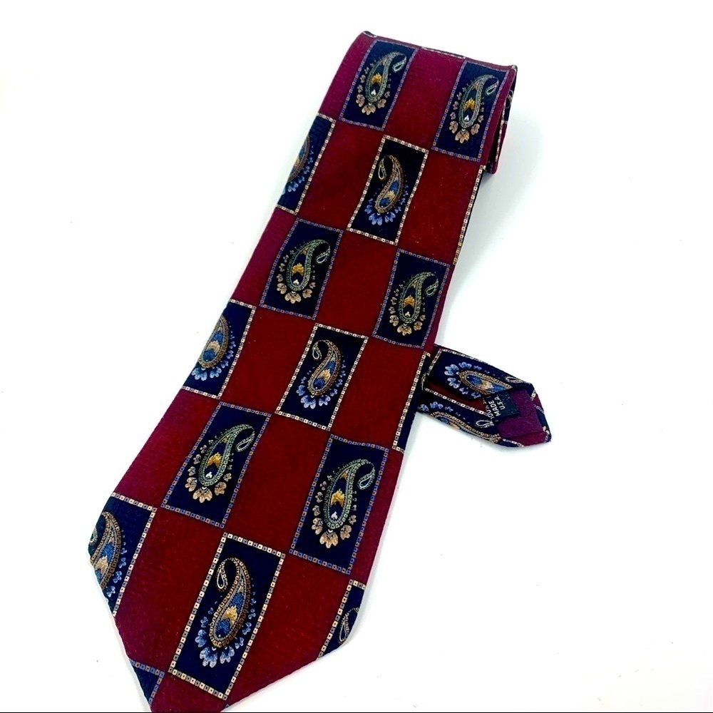 Pierre Balmain Extra Long Silk Tie Burgundy Navy Paisley Geometric Made in USA